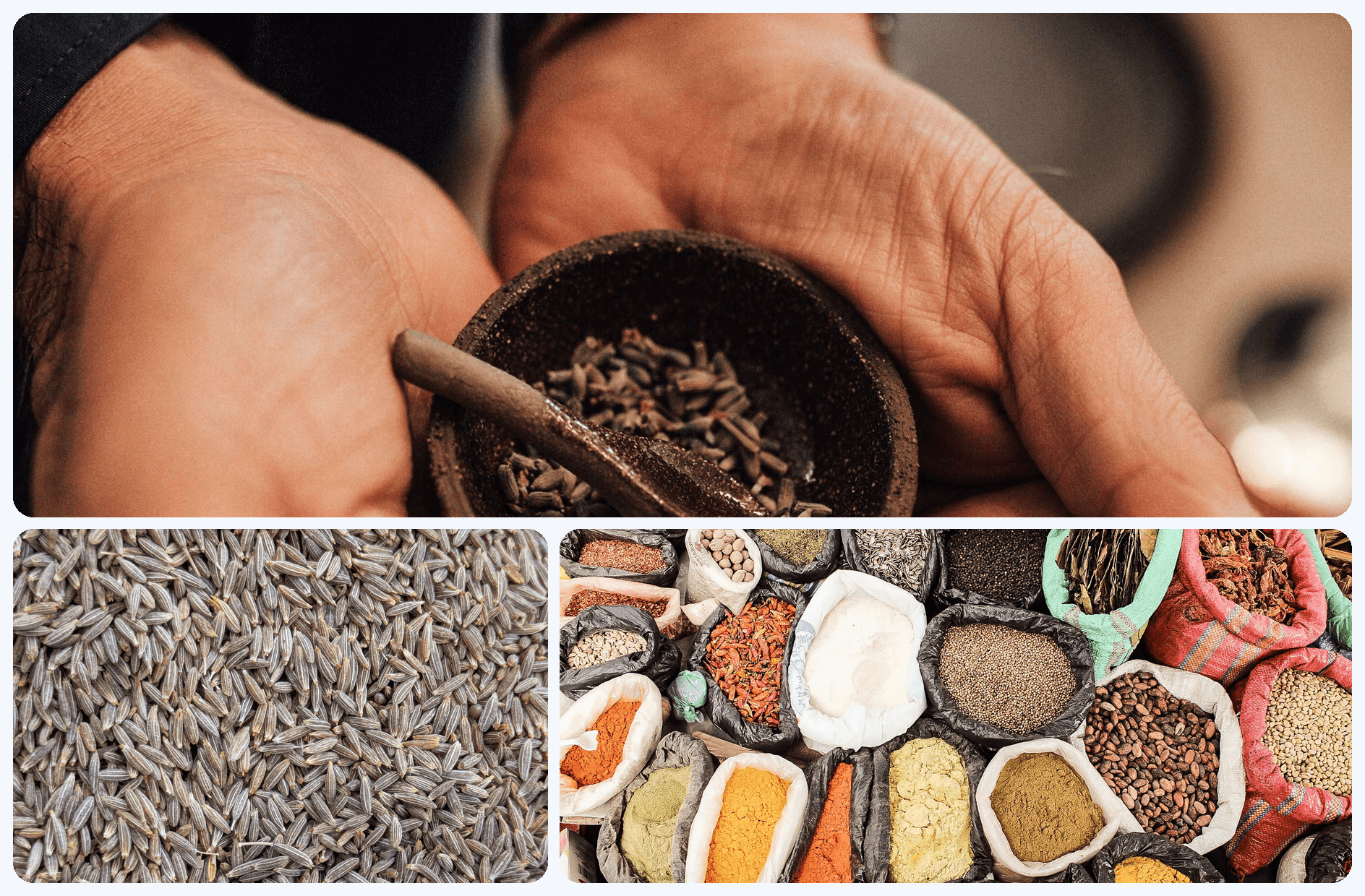 Hands holding cumin seeds, a close view of the seeds, and sacks of spices