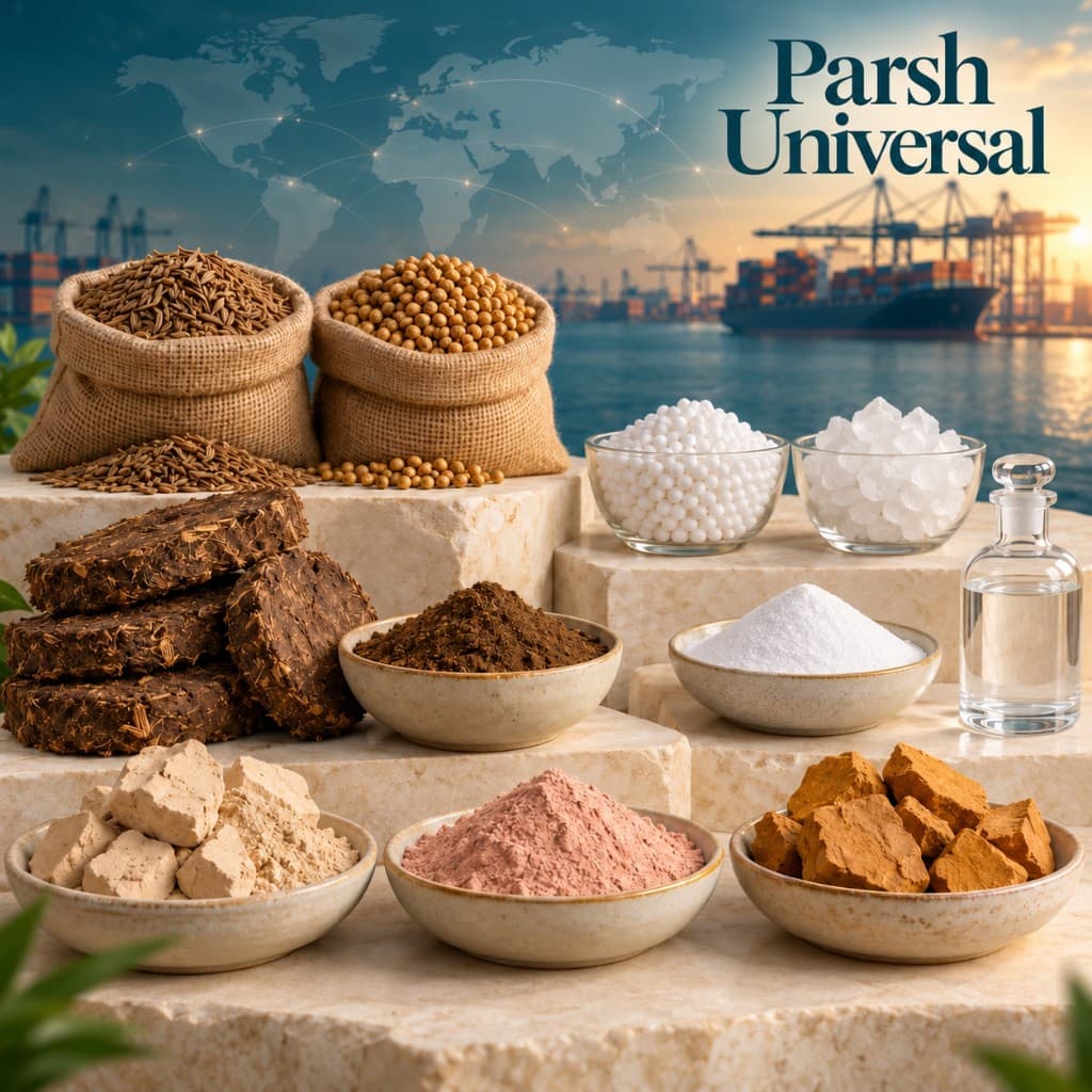 Parsh Universal export products including seeds, cow dung, calcium chloride and Fuller's Earth